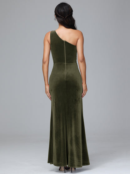 One Shoulder With Slit Velvet Bridesmaid Dress