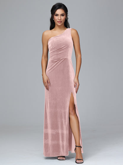 One Shoulder With Slit Velvet Bridesmaid Dress