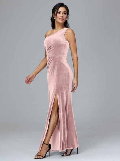 One Shoulder With Slit Velvet Bridesmaid Dress