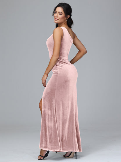 One Shoulder With Slit Velvet Bridesmaid Dress