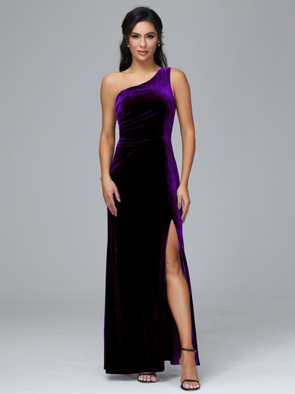 One Shoulder With Slit Velvet Bridesmaid Dress