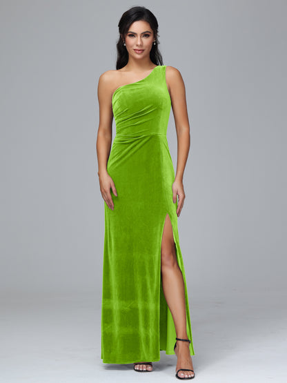 One Shoulder With Slit Plus Size Velvet Bridesmaid Dress