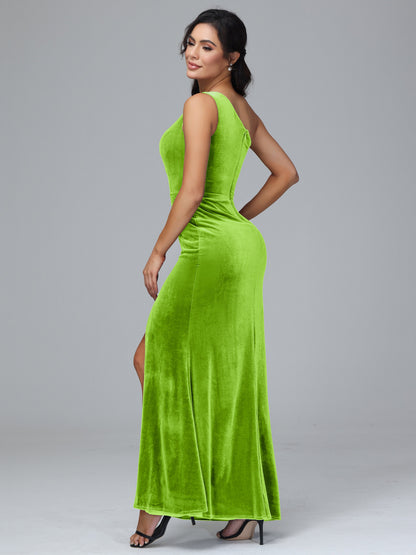 One Shoulder With Slit Velvet Bridesmaid Dress