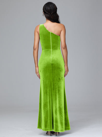 One Shoulder With Slit Velvet Bridesmaid Dress