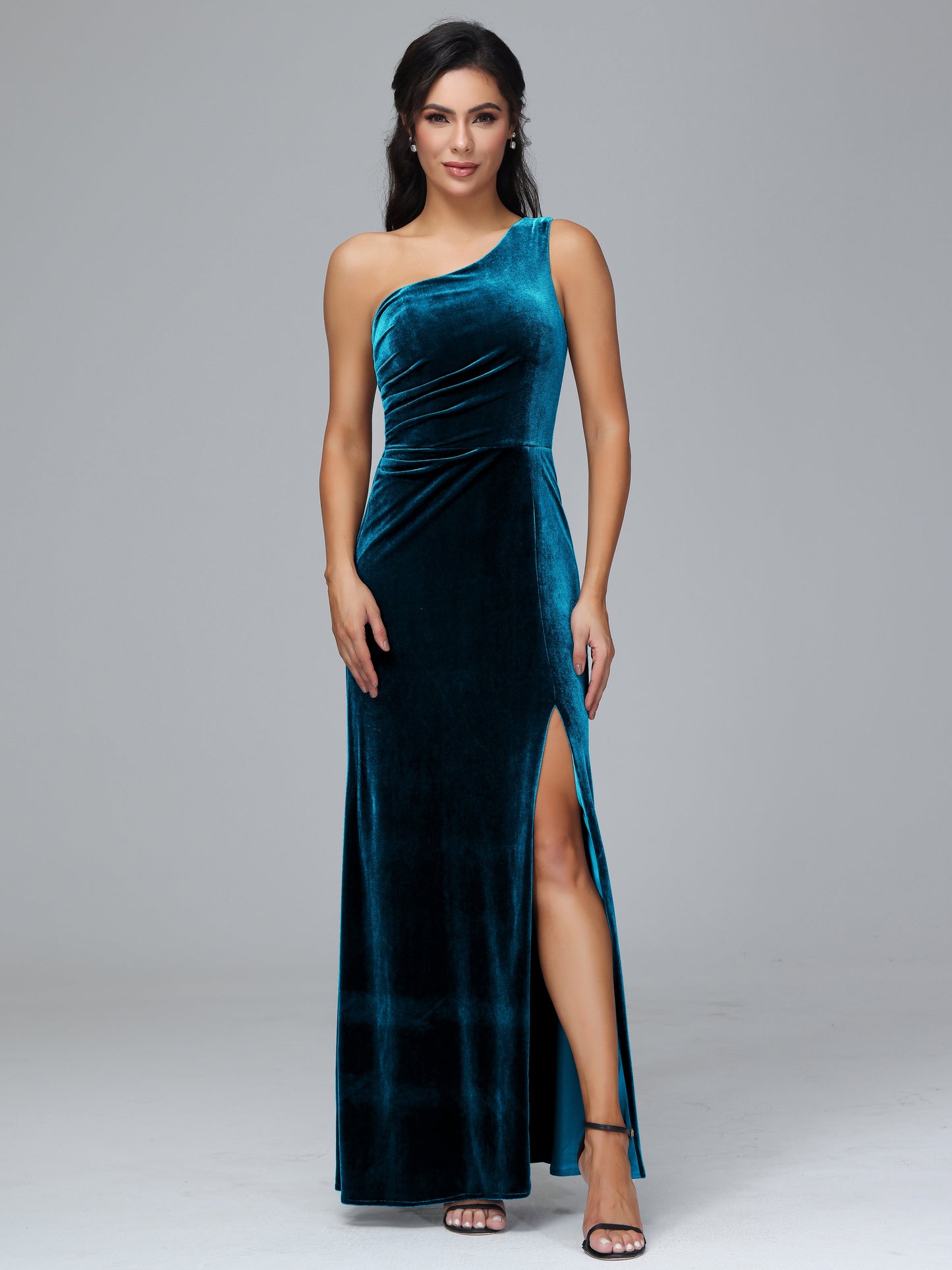 One Shoulder With Slit Plus Size Velvet Bridesmaid Dress