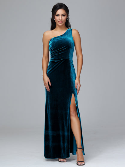 One Shoulder With Slit Plus Size Velvet Bridesmaid Dress