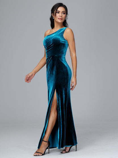 One Shoulder With Slit Velvet Bridesmaid Dress
