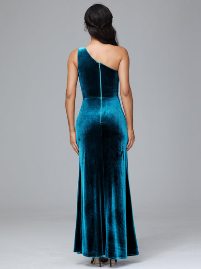 One Shoulder With Slit Velvet Bridesmaid Dress