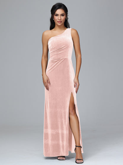 One Shoulder With Slit Velvet Bridesmaid Dress