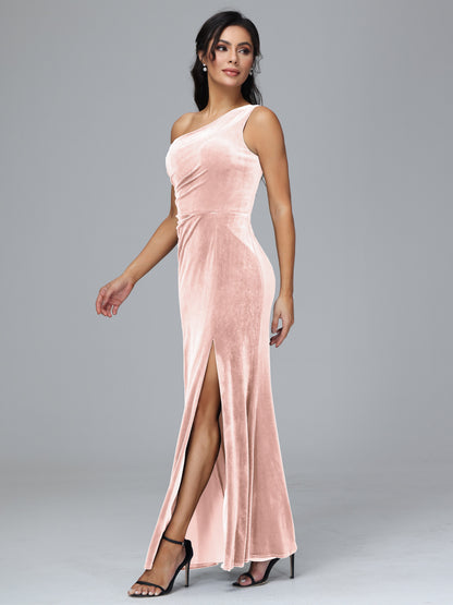 One Shoulder With Slit Velvet Bridesmaid Dress