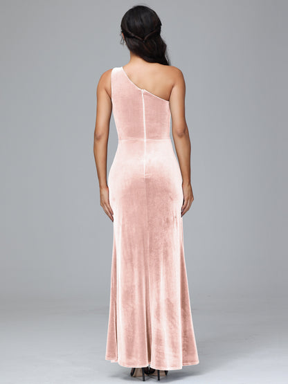 One Shoulder With Slit Velvet Bridesmaid Dress