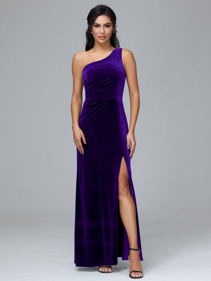 One Shoulder With Slit Velvet Bridesmaid Dress