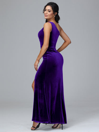 One Shoulder With Slit Velvet Bridesmaid Dress