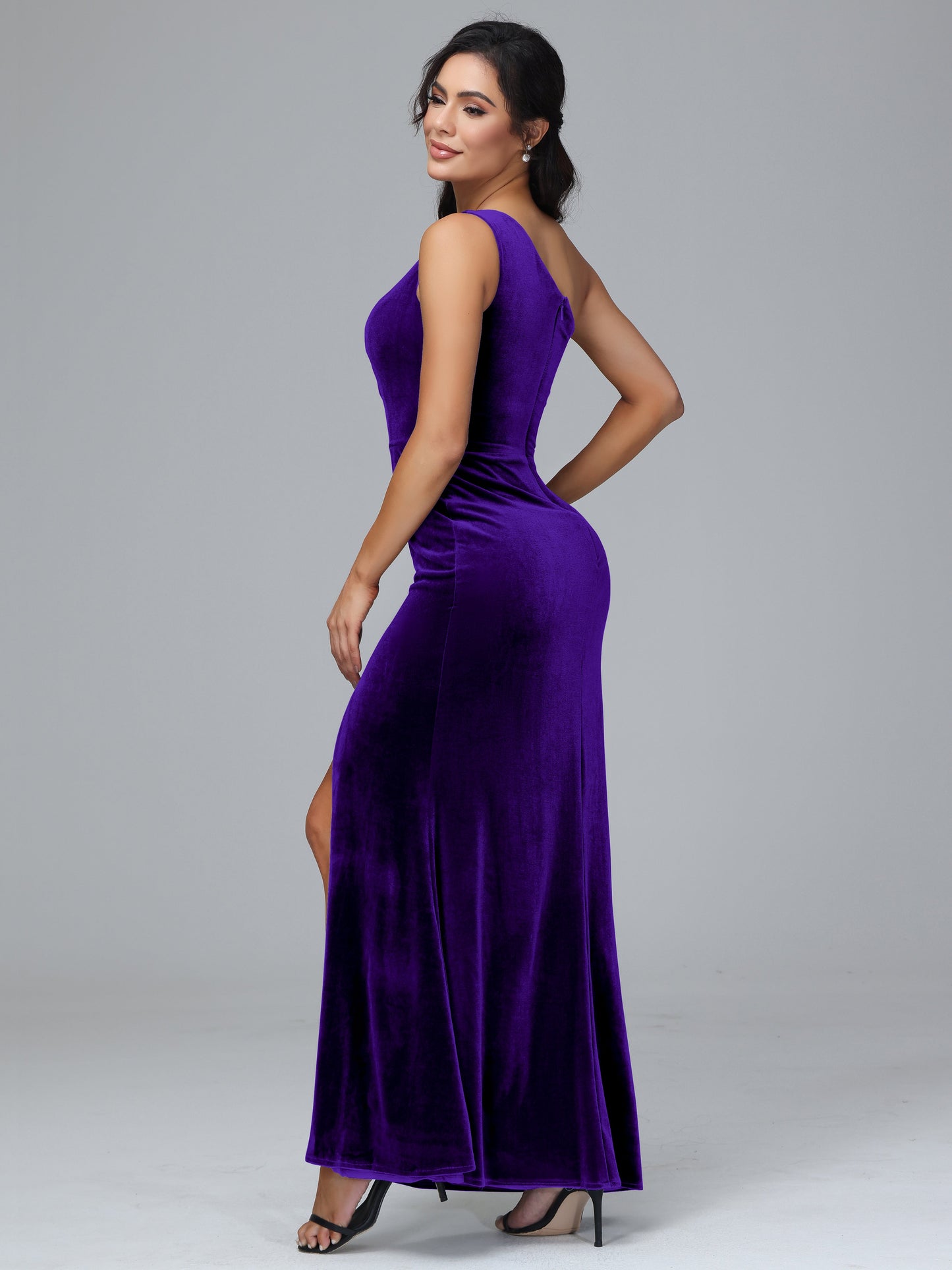 One Shoulder With Slit Plus Size Velvet Bridesmaid Dress