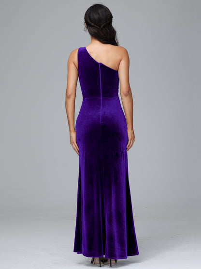 One Shoulder With Slit Velvet Bridesmaid Dress
