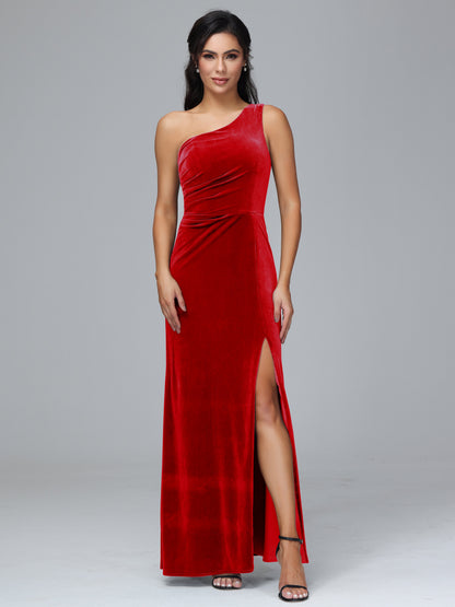One Shoulder With Slit Plus Size Velvet Bridesmaid Dress
