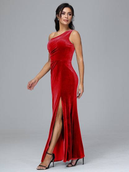 One Shoulder With Slit Velvet Bridesmaid Dress