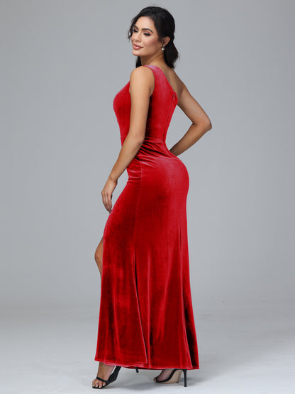 One Shoulder With Slit Velvet Bridesmaid Dress