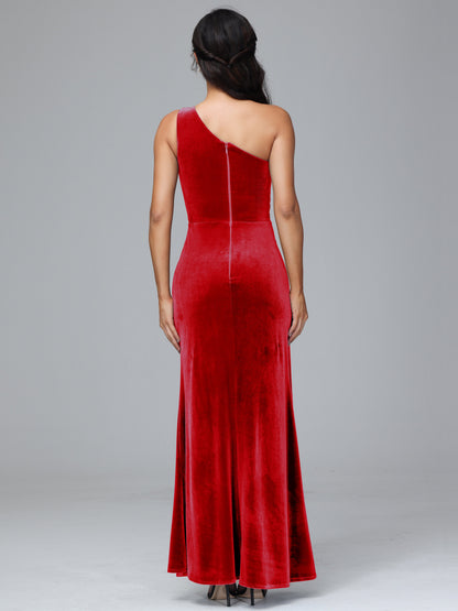 One Shoulder With Slit Velvet Bridesmaid Dress