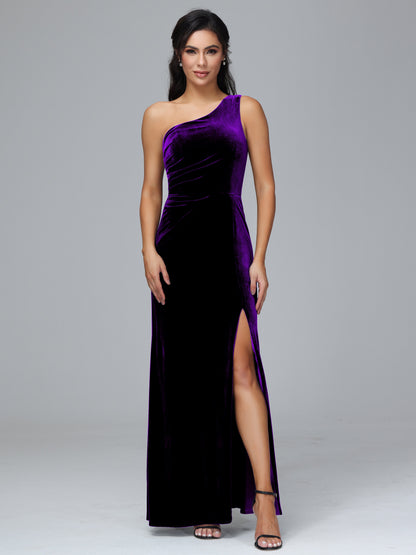 One Shoulder With Slit Velvet Bridesmaid Dress