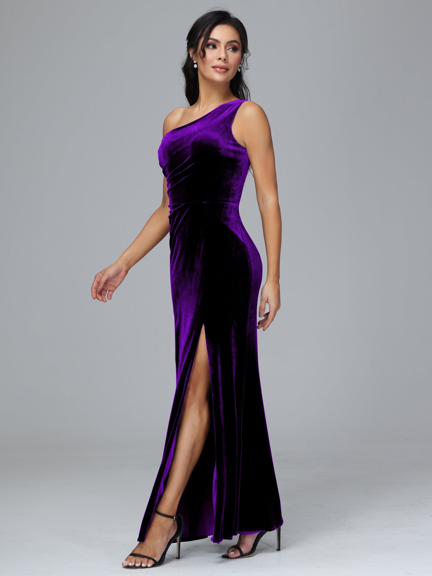 One Shoulder With Slit Plus Size Velvet Bridesmaid Dress