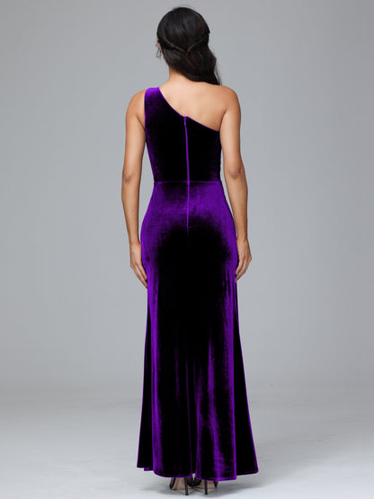 One Shoulder With Slit Velvet Bridesmaid Dress