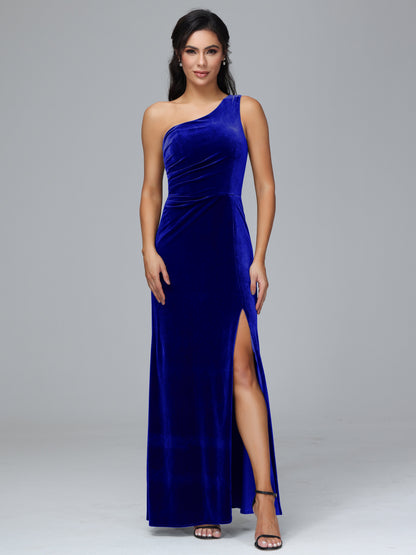 One Shoulder With Slit Plus Size Velvet Bridesmaid Dress