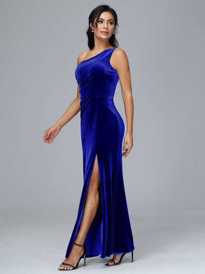 One Shoulder With Slit Velvet Bridesmaid Dress