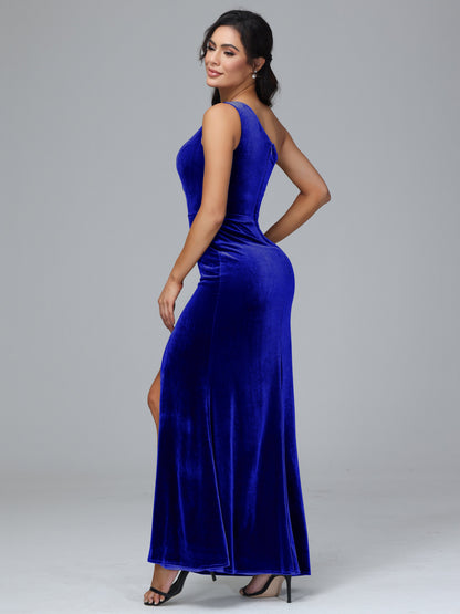 One Shoulder With Slit Velvet Bridesmaid Dress