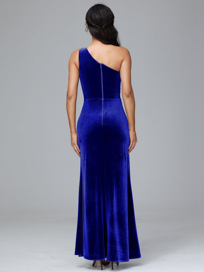 One Shoulder With Slit Velvet Bridesmaid Dress