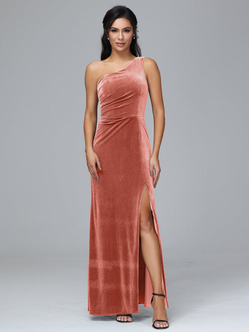 One Shoulder With Slit Plus Size Velvet Bridesmaid Dress