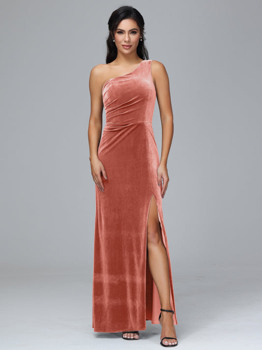 One Shoulder With Slit Plus Size Velvet Bridesmaid Dress