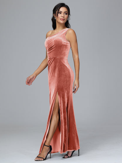 One Shoulder With Slit Plus Size Velvet Bridesmaid Dress