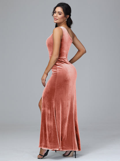 One Shoulder With Slit Velvet Bridesmaid Dress