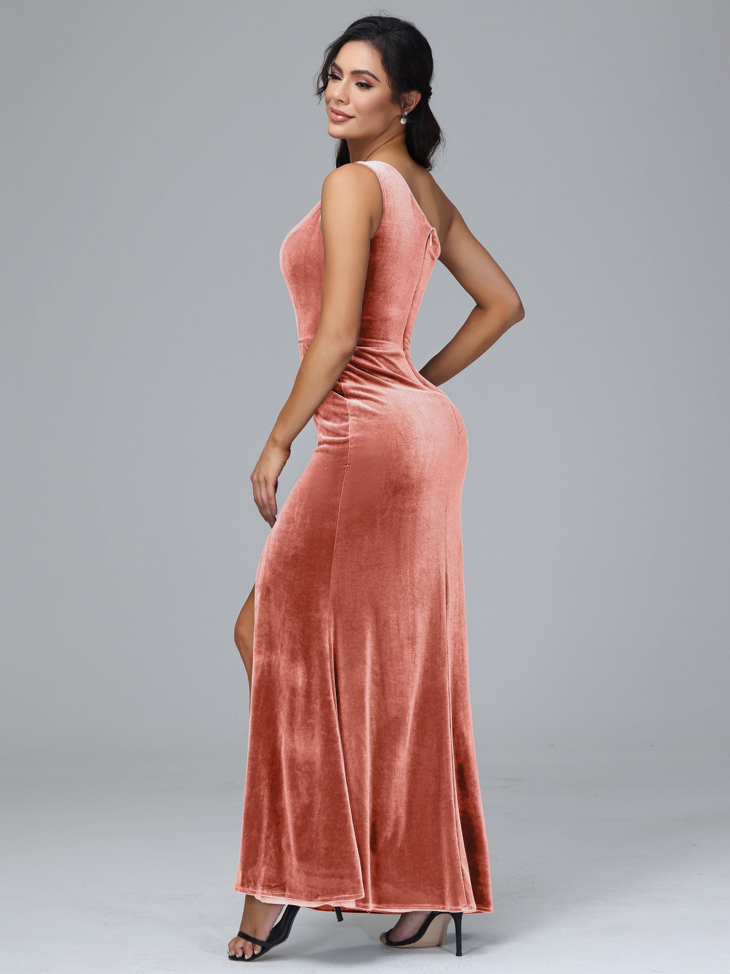 One Shoulder With Slit Plus Size Velvet Bridesmaid Dress