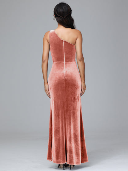 One Shoulder With Slit Velvet Bridesmaid Dress