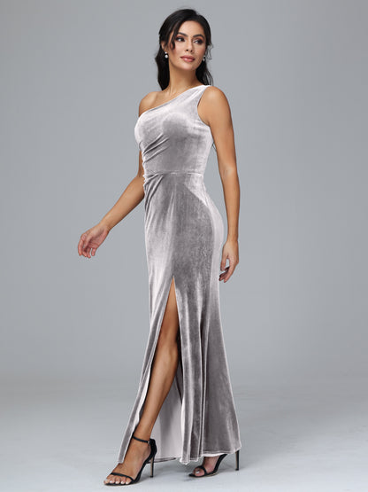 One Shoulder With Slit Plus Size Velvet Bridesmaid Dress