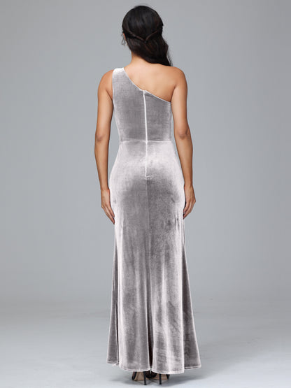 One Shoulder With Slit Velvet Bridesmaid Dress