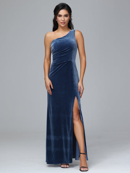 One Shoulder With Slit Plus Size Velvet Bridesmaid Dress