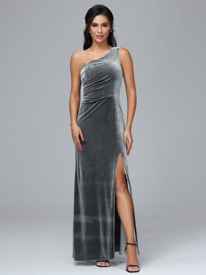 One Shoulder With Slit Plus Size Velvet Bridesmaid Dress