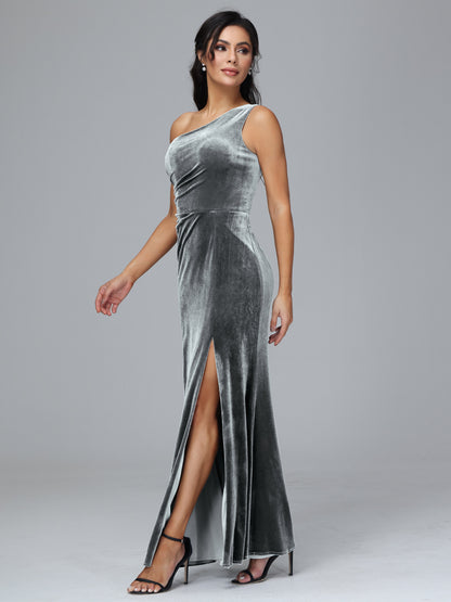 One Shoulder With Slit Velvet Bridesmaid Dress