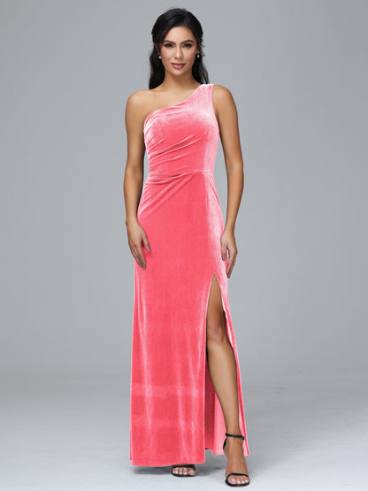 One Shoulder With Slit Velvet Bridesmaid Dress