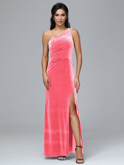 One Shoulder With Slit Plus Size Velvet Bridesmaid Dress