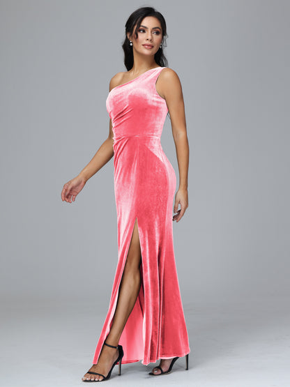 One Shoulder With Slit Plus Size Velvet Bridesmaid Dress