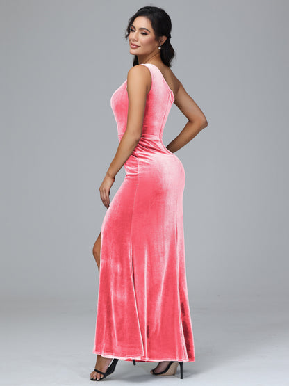 One Shoulder With Slit Plus Size Velvet Bridesmaid Dress