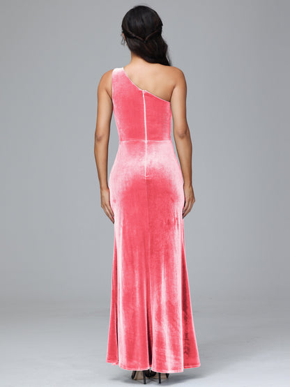 One Shoulder With Slit Velvet Bridesmaid Dress