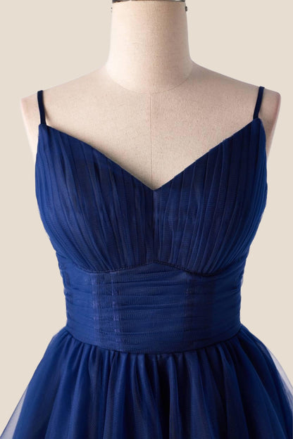 Pleated Navy Blue Tulle A-line Short Dress