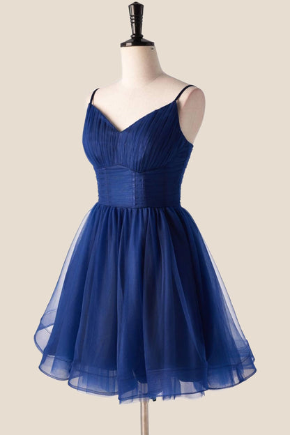 Pleated Navy Blue Tulle A-line Short Dress