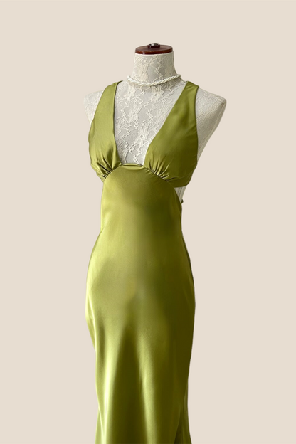 Plunge Neck Green Cutout Sheath Long Dress