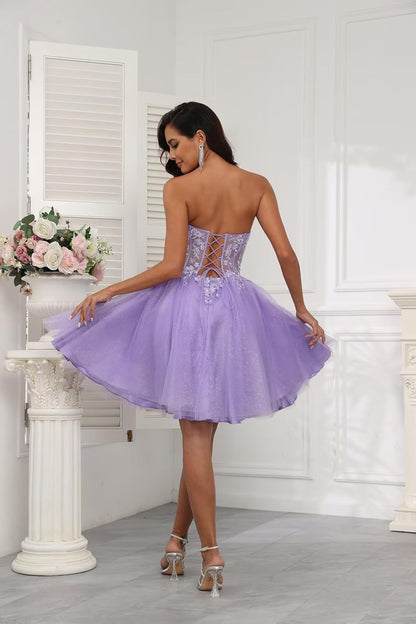 Plunge Hot Pink Appliques A-line Short Dress